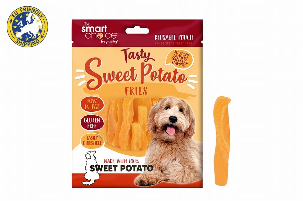 Sweet potato fries dog treats packaging.
