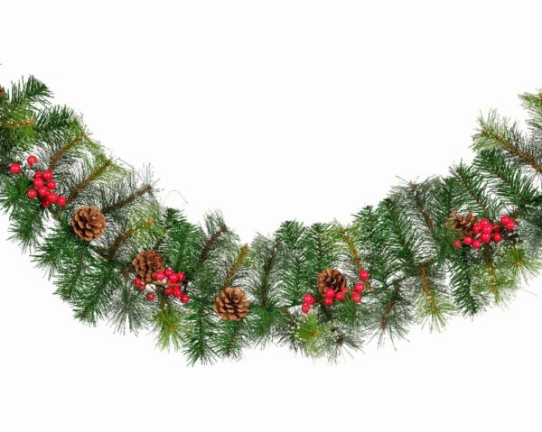 A 9 foot long artificial Christmas fir garland with red berries and pinecones.