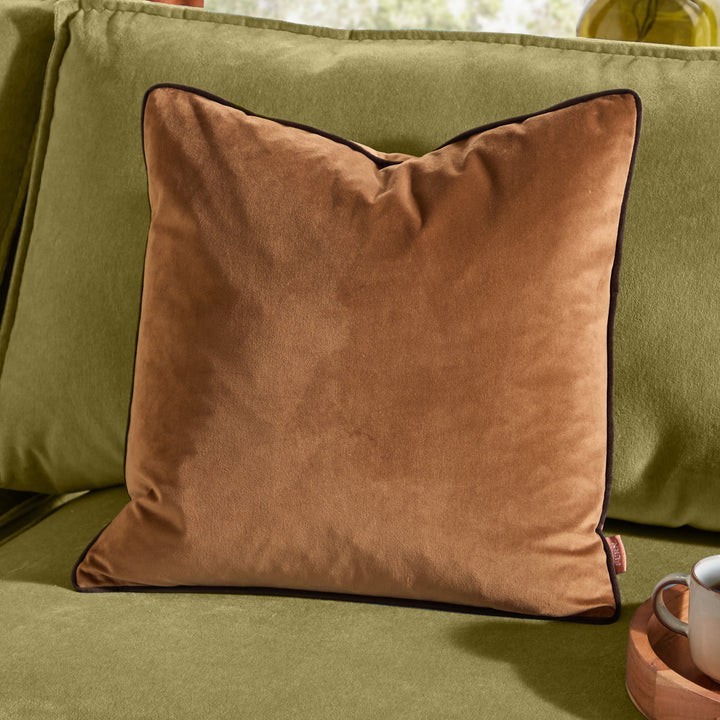 Caramel coloured Velvet Cushion with Chocolate piping