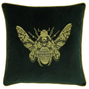 Golden Bee motif on Emerald Velvet Cushion
