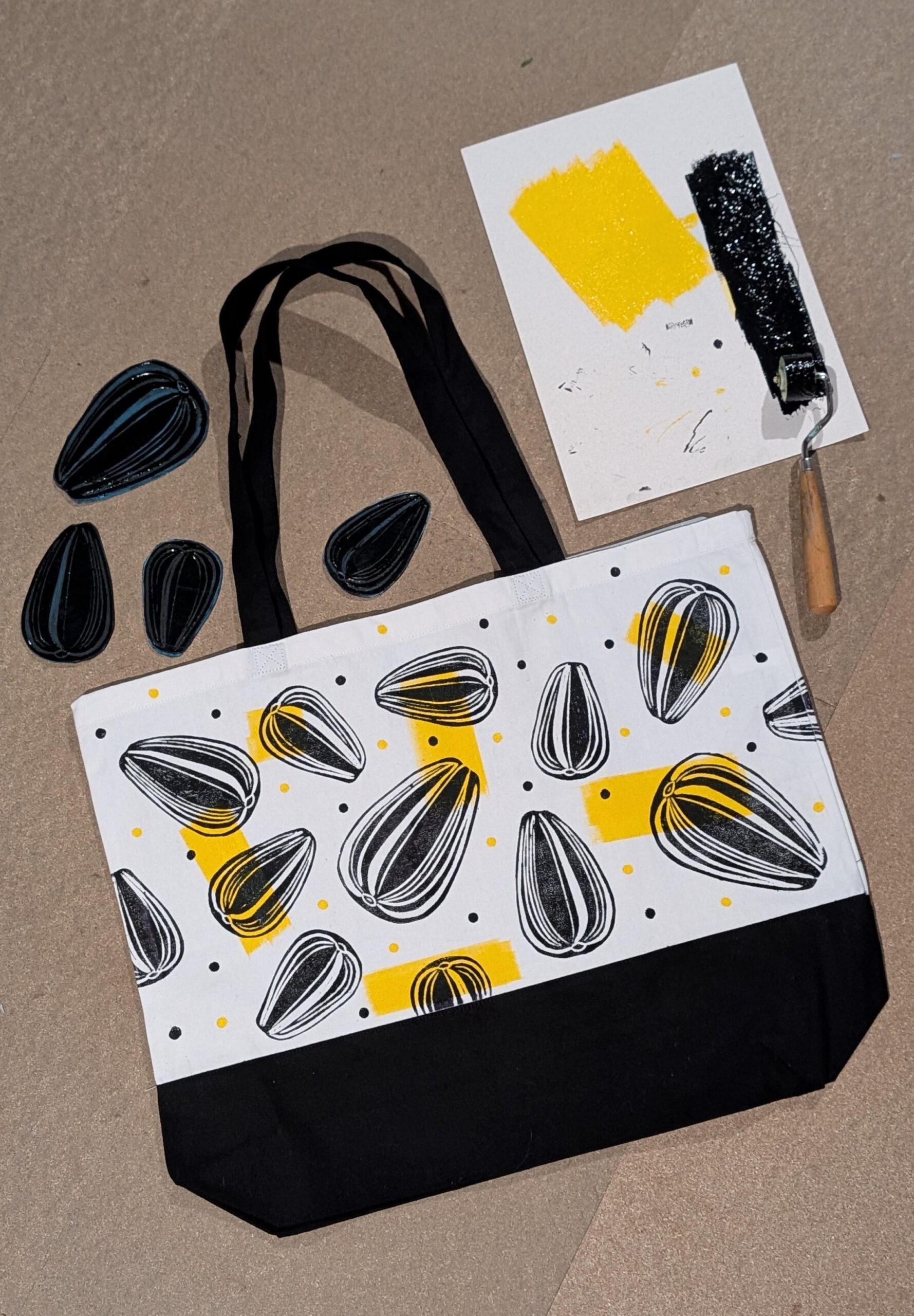 Sunflower seeds printed on a tote bag created at the Print Your Own Tote Bag Workshop