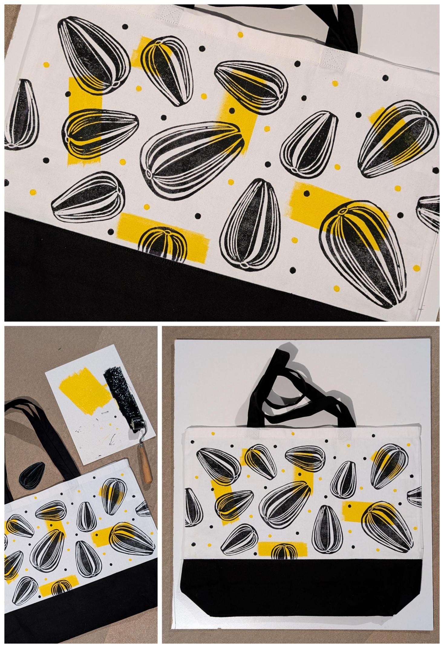 Sunflower seeds printed on a tote bag created at the Print Your Own Tote Bag Workshop