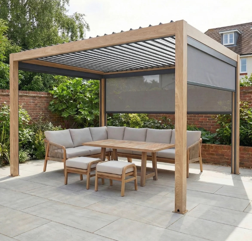 Aluminium Pergola Louvered Roof LED Lights Wood Effect 3m x 4m