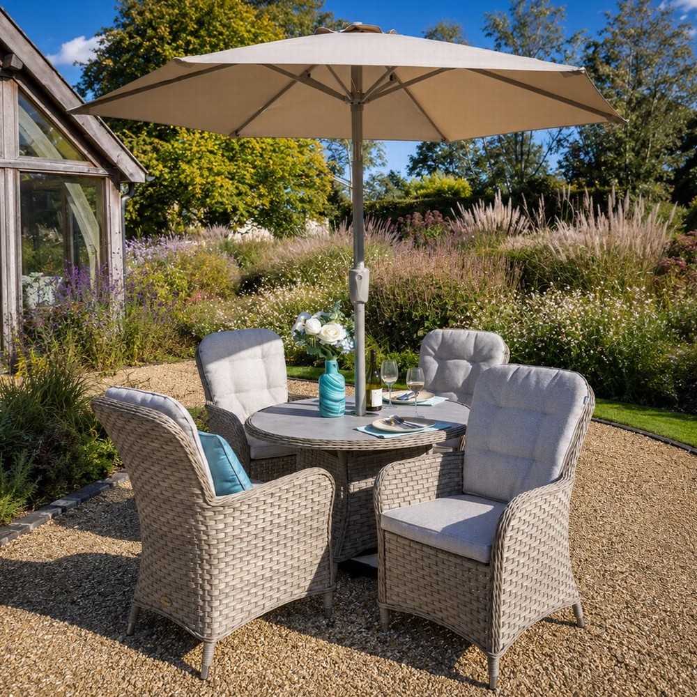Eton 4 Seat Round Dining Set inc Parasol & Base