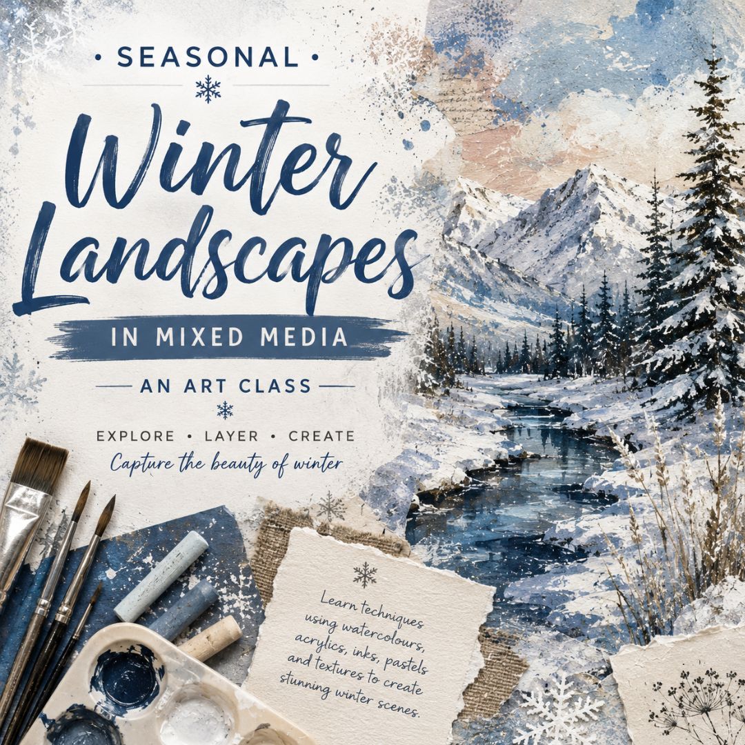 Winter Landscapes in mixed media art class poster