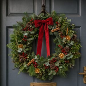 Christmas Wreath with red bow made in a workshop on a grey door