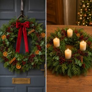 Christmas Centrepiece with candles and Christmas Wreath with red bow Workshop With Lunch
