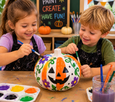 Children painting a ceramic pumpkin