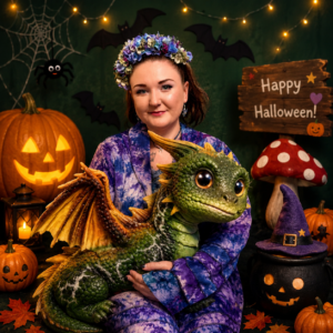 Lady holding Baby Dragon with Halloween decorations for the Halloween Puppet Show