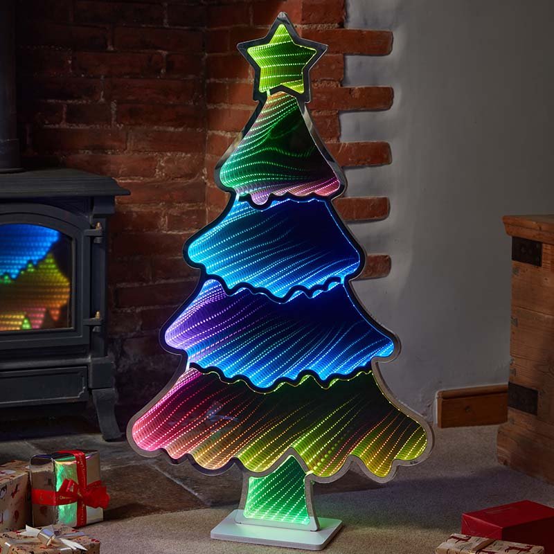 Multicoloured LED Infinity tree in a living room
