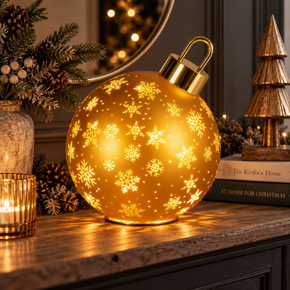Large gold Glass Bauble light with snowflakes