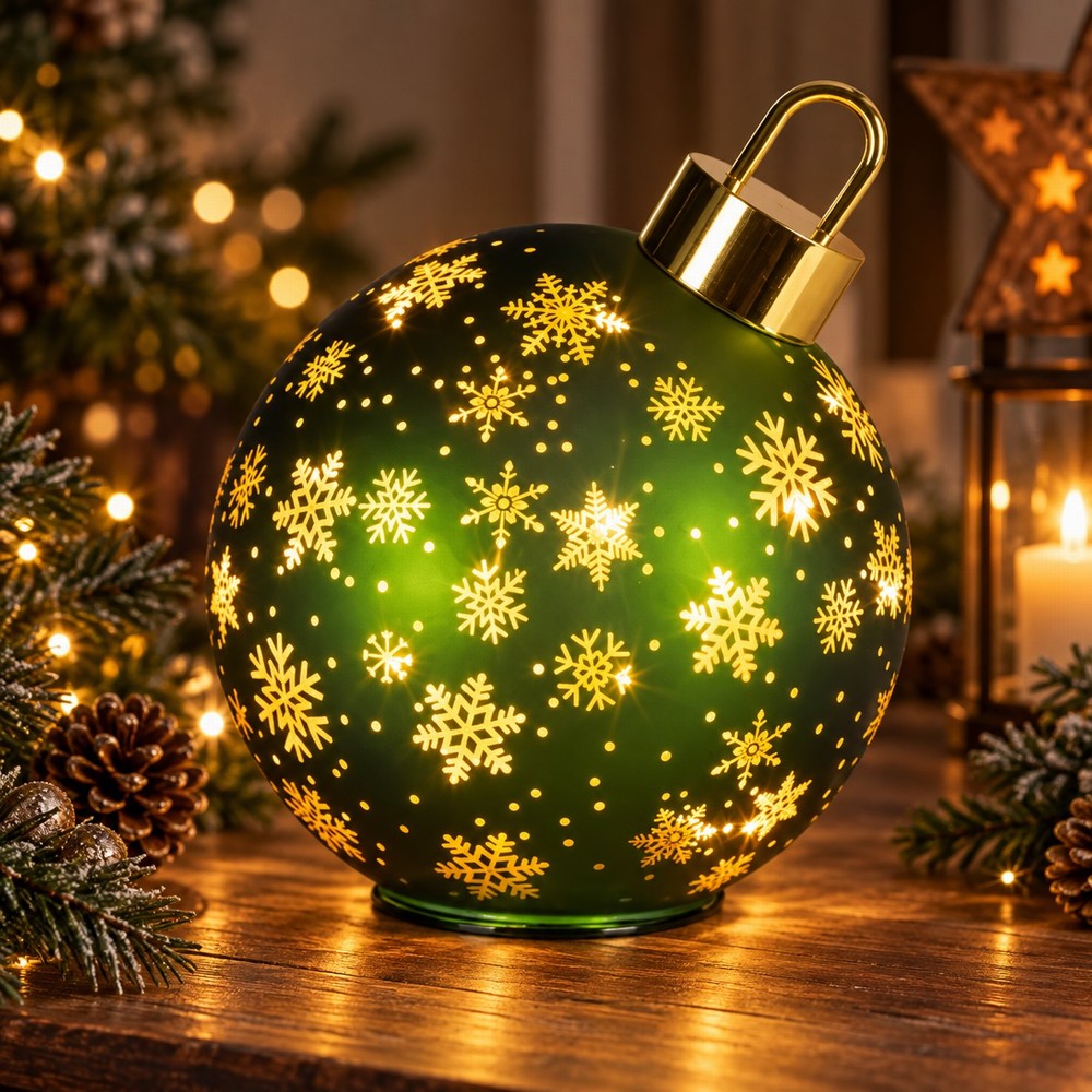 Large Green Glass Bauble light with snowflakes