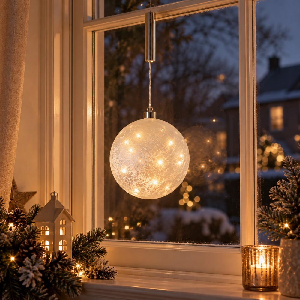 20cm Round frosted Glass Ball with LEDs hanging from a window surrounded by Christmas décor