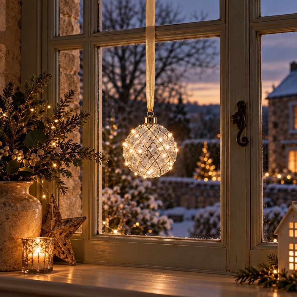 20cm Round Clear Glass Ball with LEDs hanging from a window surrounded by Christmas décor
