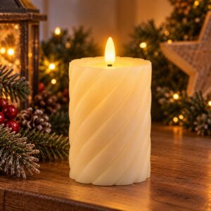 Medium Twisted LED Cream Wax Candle on wooden table surrounded by Christmas decor