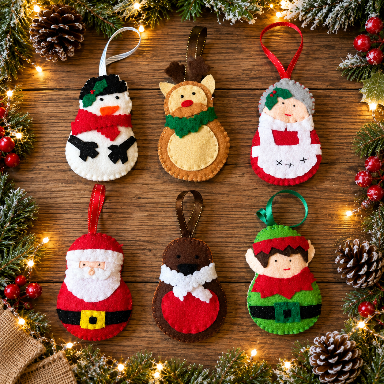 Various Christmas character decorations made of felt on a wooden table surrounded by a pine garland