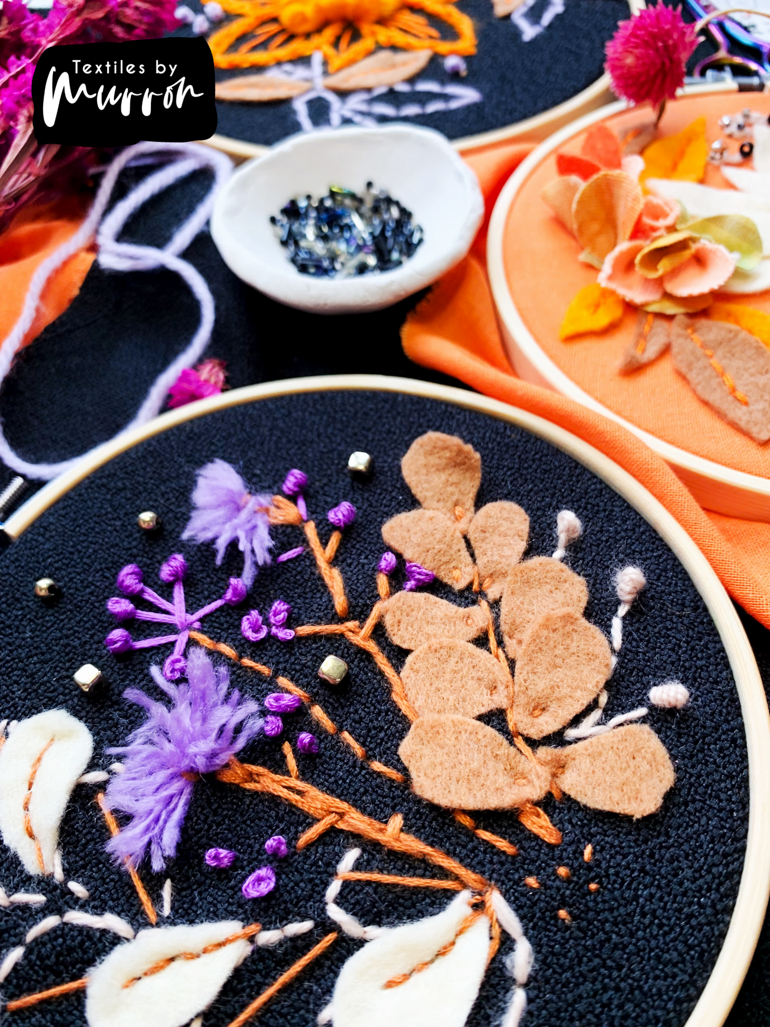 Multiple Autumnal Botanical Hoops made in the Workshop