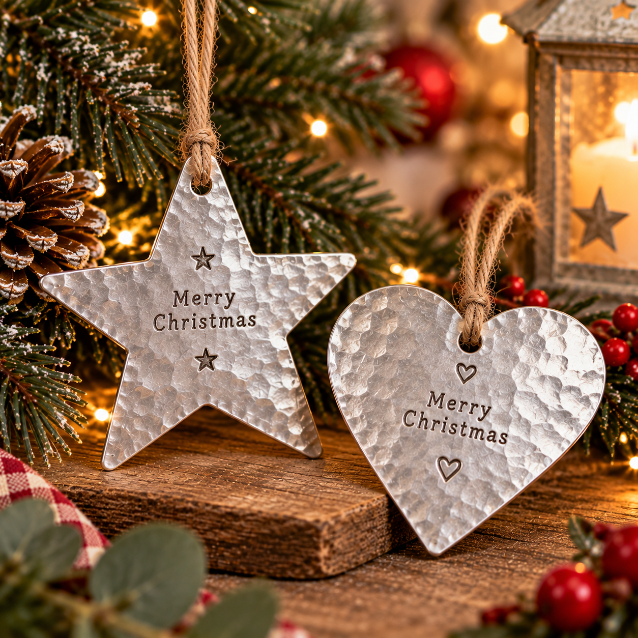 Star and heart shaped Aluminium Christmas Decorations with 'merry Christmas' stamped on